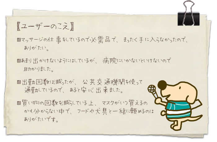 ■マッサージの仕事をしているので必需品で、まったく手に入らなかったので、ありがたい。■あまり出かけないようにはしているが、病院にいかないといけないので助かりました。■出勤回数は減ったが、公共交通機関を使って通勤しているので、あると安心出来ました。■買い物の回数を減らしている上、マスクがいつ買えるのかも分からない中で、フードや犬具と一緒に頼めるのはありがたいです。