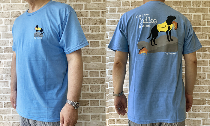 男性モデルが。Ｔシャツを着ている。カラーはサックス。