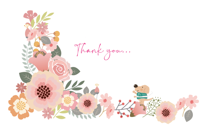 手書き風なピンクをメインにしたの花と葉が描かれ、花の上に手書き風のエルくんが乗っている熨斗中央にTHANKYOUと書かれている