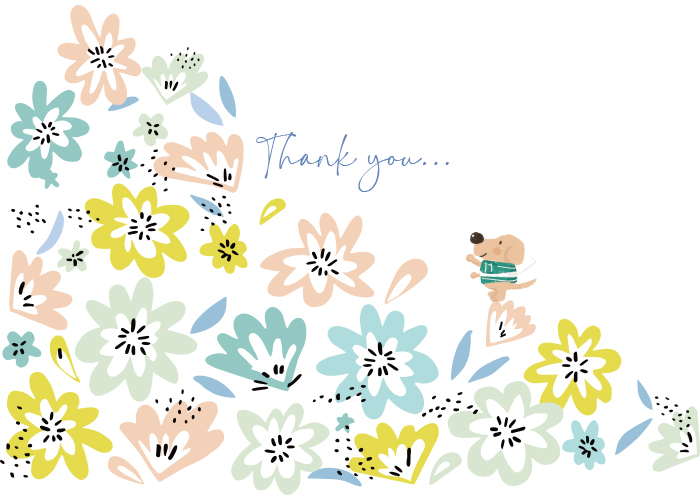 手書き風なパステル調のピンク、黄色、ブルーの花と葉が描かれ、花の上に手書き風のエルくんが乗っている熨斗中央にTHANKYOUと書かれている