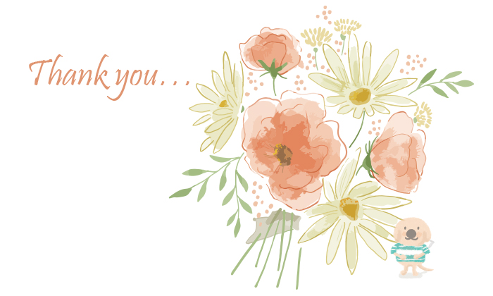 手書き風な柔らかいタッチで白とピンクの花がメインでその周りに葉が描かれ、手書き風のエルくんが右下にちょこんと立っているデザイン熨斗。左上ににTHANKYOUと書かれている