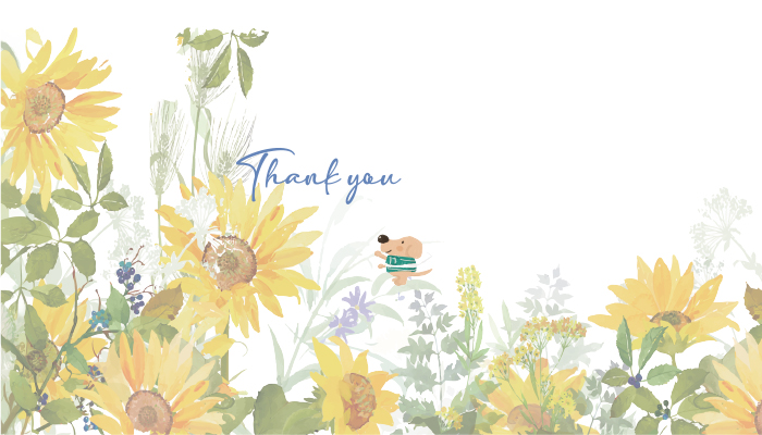 手書き風な柔らかいタッチでひまわりがメインでその周りに葉や紫の花や実が描かれ、手書き風のエルくんが右下にちょこんと立っているデザイン熨斗。左上ににTHANKYOUと書かれている