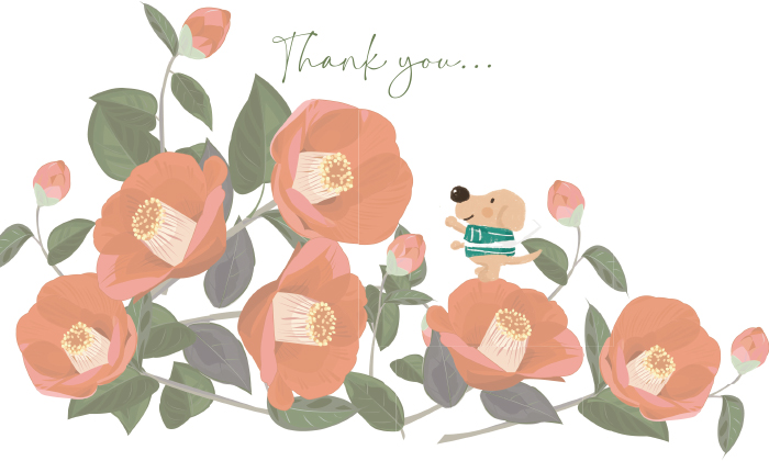 手書き風な椿の花と葉が描かれ、花の上に手書き風のエルくんが乗っている熨斗中央にTHANKYOUと書かれている