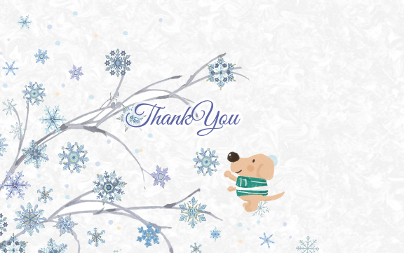 白い壁紙のような下地にグレーの枝にブルー系のいろいろな形の雪の結晶がちりばめられていて、右下には手書き風のエルくんがいる熨斗中央にTHANKYOUと書かれている