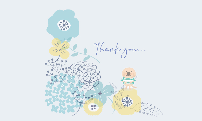 期間限定のしは、優しいブルーの背景に爽やかな水色の紫陽花やネモフィラや黄色の花束に小さめの手書き風のエルくんが描かれている。右上にThankyouと描かれている熨斗