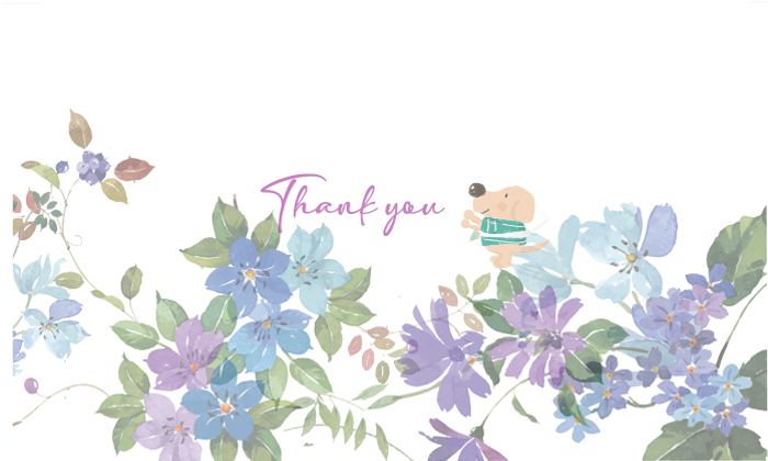 ブルーとラベンダー系の花と葉が下全体にありその上に手書きのエルくんが乗っているデザインの熨斗