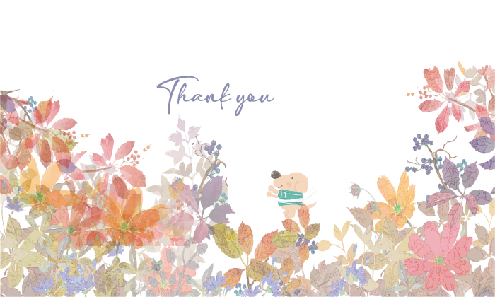 紅葉した葉や花が下全体にありその上に手書きのエルくんが乗っているデザインの熨斗