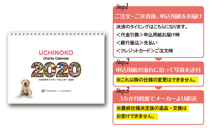 ご注文・ご決済後、申込用紙をお届け 決済のタイミング <代金引換>申込用紙お届け時
<銀行振込>先払い <クレジットカード>ご注文時 申込用紙の流れに沿って写真を送付※これ以降の仕様の変更はできません。 2週間程度でメーカーより直送 ※最終仕様決定後の返品・交換はお受けできません。