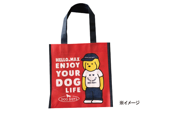 赤地に黒の持ち手。Tシャツを着た二足歩行のイエローラブのキャラクターが描かれている。