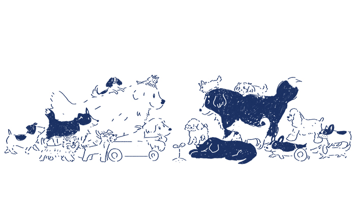 18頭の犬たちが小さな芽を見守るイラスト