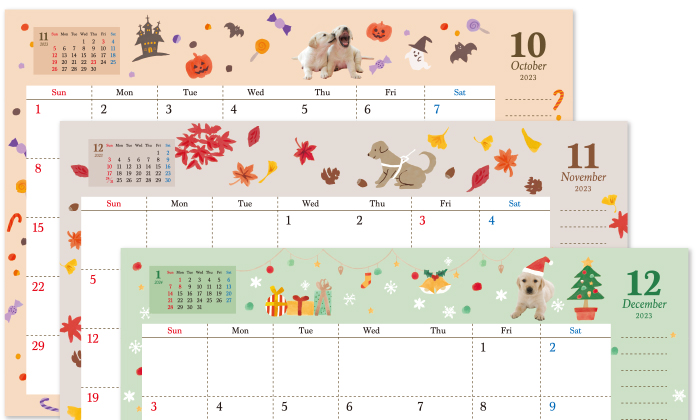 10月。11月。12月のダイアリーページ。10月はハロウィンをイメージして。カボチャやコウモリ。お化けやお菓子などに囲まれた2頭のパピーの写真。11月は秋の紅葉をイメージして。イチョウや紅葉の葉っぱが舞っている中。地面にあるドングリを見つめている盲導犬のイラスト。12月はクリスマスをイメージして。プレゼントやクリスマスツリー。クリスマスガーランドなど装飾したお部屋で。サンタ帽を被ったパピーが伏せている写真。