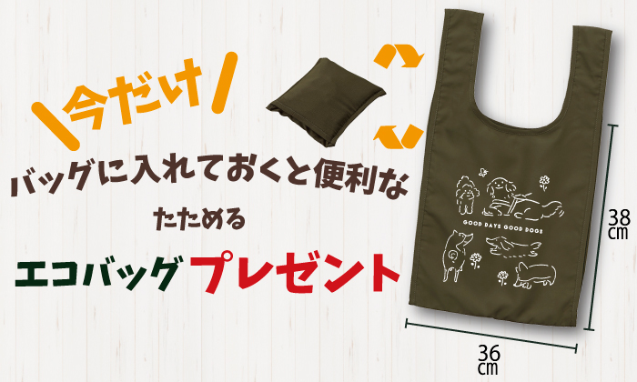 今だけ。バッグに入れておくと便利な畳めるエコバッグプレゼント。エコバックの色はオリーブ。手書き風のタッチで。盲導犬やトイプー。柴犬やダックス。コーギーが描かれている。ところどころにお花が咲いている。バッグ中心にはgooddays gooddogsの文字。