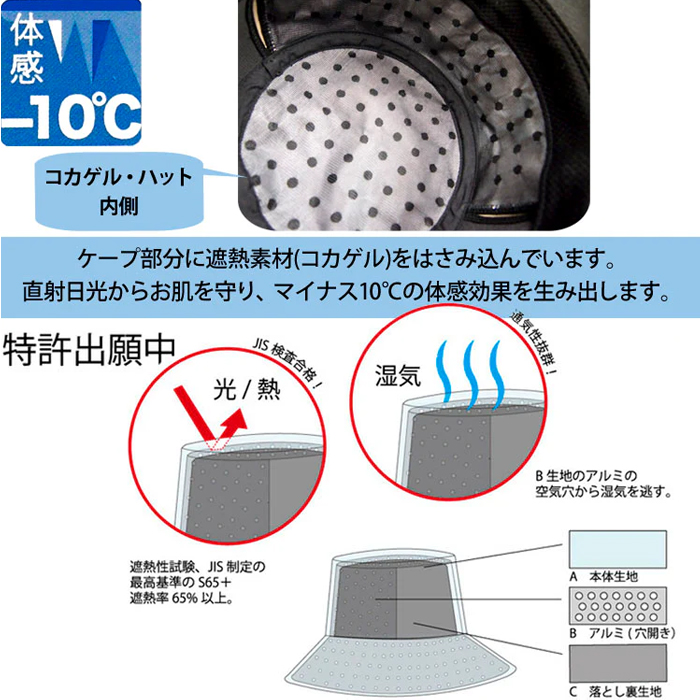 帽子の内側の写真。内側に遮熱素材あり。遮熱素材が直射日光からお肌を守り。マイナス10℃の体感効果を生み出します。