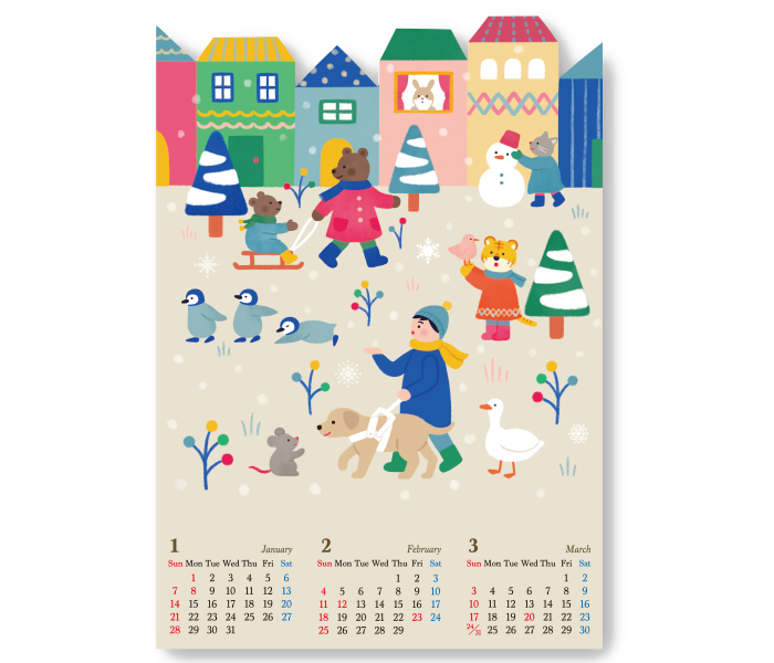 １月から３月のカレンダー　街を盲導犬と歩くユーザーさんのもとに雪が降ってきたイラスト周りにはネズミ、アヒル、トラ、ペンギン、クマの親子、猫が雪だるまを作っていたり、窓から雪景色をウサギが見ていたりと楽し気なイラスト