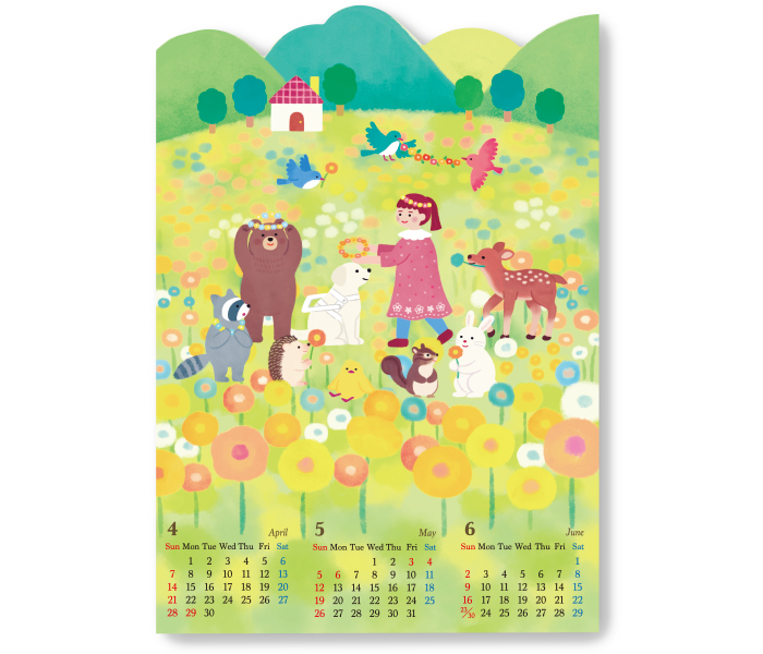 ４月から６月のカレンダー。花畑に女の子が盲導犬に花の飾りをかぶせてあげようとしている。周りにはきれいな花を楽しんでいるうさぎ、りす、ひよこ、はりねずみ、あらいぐま、にこにこして花輪を頭に乗せようとしているクマ、鳥たちも花を咥えて、女の子に花を持ってきてあげているバンビ。華やかなイラストです。