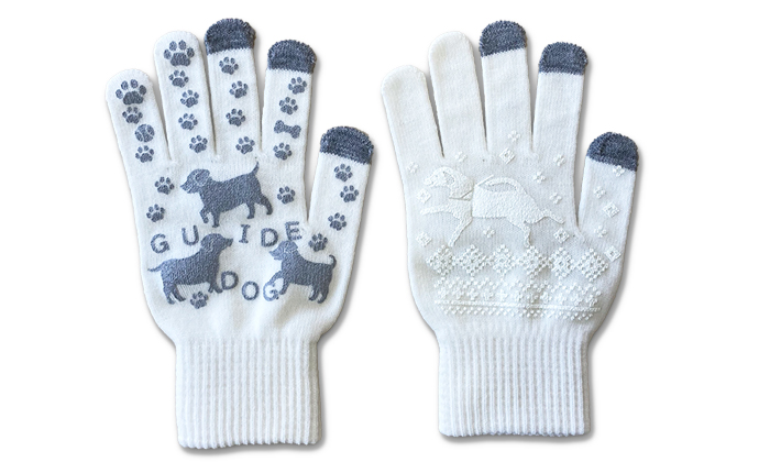 ホワイトの手袋は、手の甲のプリントは白、手のひら側はグレーのプリント
