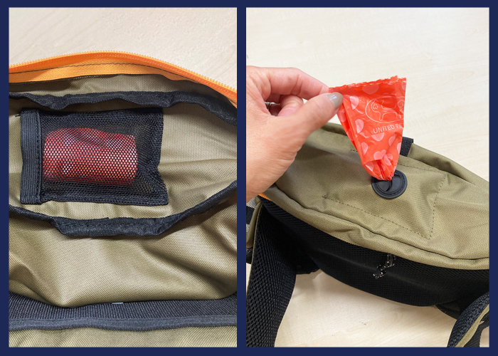 バッグの蓋裏にはうんち袋が収納出来て穴から出せば表から引き出すことができます。