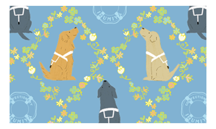 シックなブルーと格子状に花や緑が描かれているその間にイエローラブ、ブラックラブ、ゴールデンの盲導犬があしらわれているデザイン