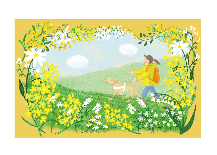 盲導犬とユーザーが草原を風に吹かれて気持ちよさそうにハイキングをしている姿。フレームには黄色と白の花で囲まれている