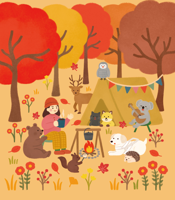 オールドビターブレンドの写真。秋色の林の中で、たくさんの動物たちが焚火をしながら音楽を奏でたり、楽しく会話をしています。