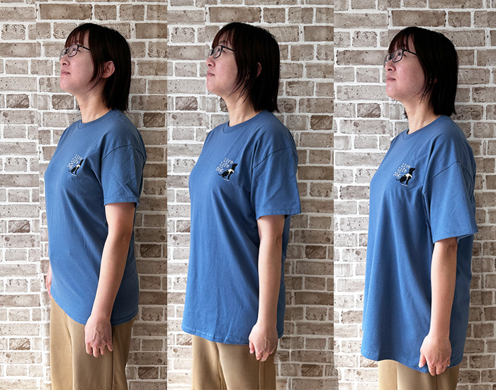 左からMサイズ、Lサイズ、XLサイズを着用し斜め横を向いた写真
