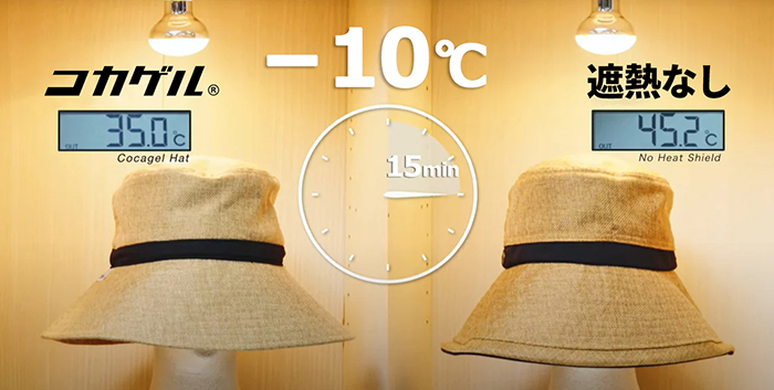 左はコカゲルの帽子、温度は35℃。右は普通の帽子、温度は45.2℃