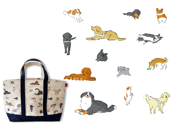 トートのイラスト。盲導犬をはじめ、キャバリア、ダックス、コーギー、ボーダーコリー、柴、パグ、トイプードル、ジャックラッセル、バーニーズが描かれている。