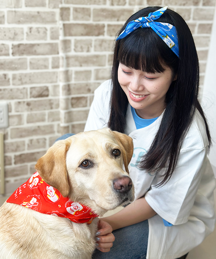 青のハンカチを女性の頭に巻き赤のハンカチをラブラドールの首に保冷剤を入れて巻いている写真