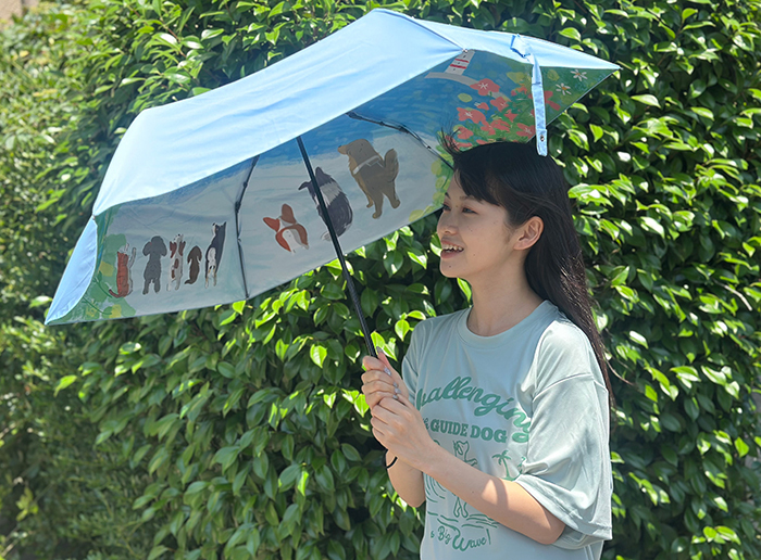 女性が傘の内側に広がるイラストを見ながら傘をさしている写真