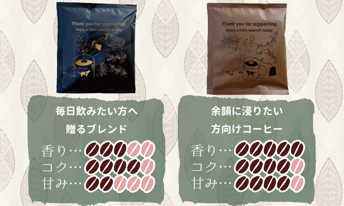 黒いパッケージは軽めのコーヒー、毎日飲みたい方へ贈るブレンド。茶色いパッケージは深入りタイプのコーヒー、余韻に浸りたい方向けコーヒー