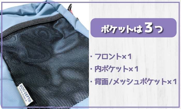 裏側のメッシュポケットの写真。フロント１つ、内ポケット１つ、背面のメッシュポーチ１つ付き
