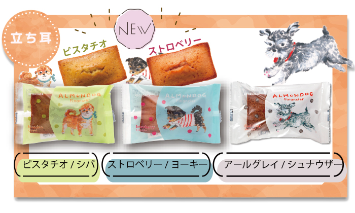 立ち耳のセットには、ピスタチオ・シバイヌとストロベリー・ヨーキーとアールグレイ・シュナウザーがセットに