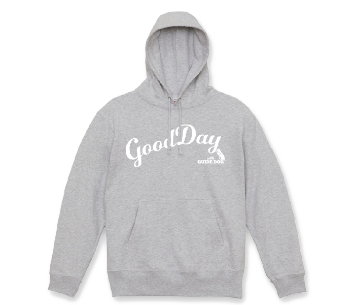 アッシュ色のパーカーの写真。プリント色は白