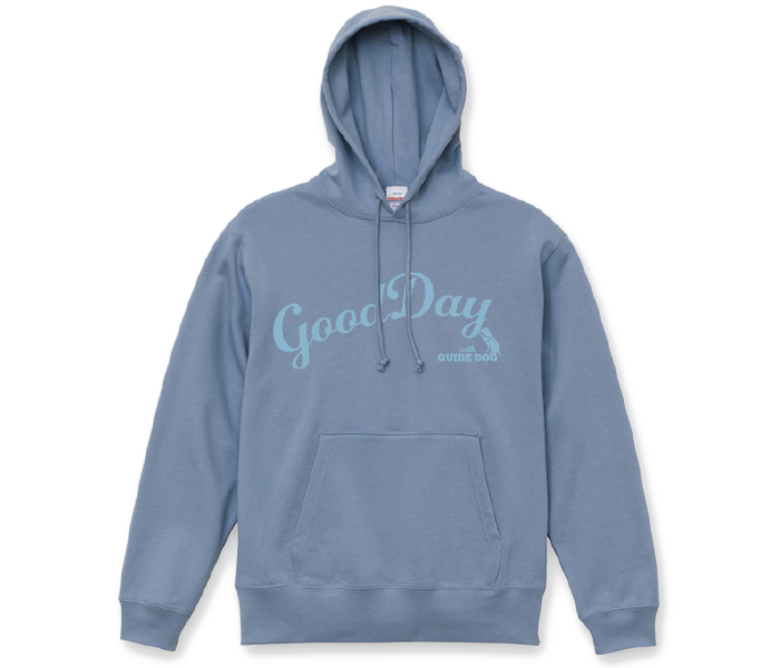 アシットブルーのパーカーの写真。プリント色はアシットブルーより明るいブルー