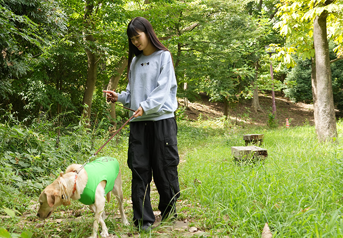 女性とラブラドールの全身の写真