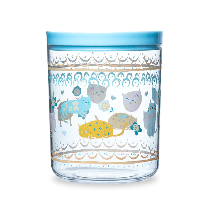 ブルーと黄色系の花柄の猫たちと笑顔の猫の顔のイラストのジャー