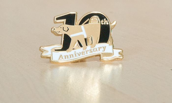 テーブルの上にピンバッジが置かれている写真、テーブルにゴールドが反射している