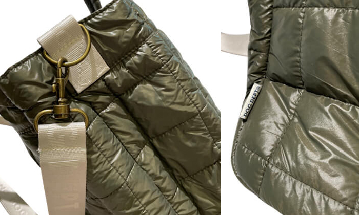 ショルダーにはナスカンが付いていてバッグ本体サイドにリングが付いていて取り外し可能。バッグ正面左下にロゴ入りタグ付き