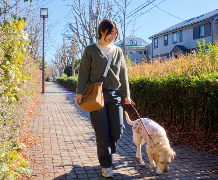 女性がブラウンのバッグを斜め掛けしてラブラドールと散歩している写真