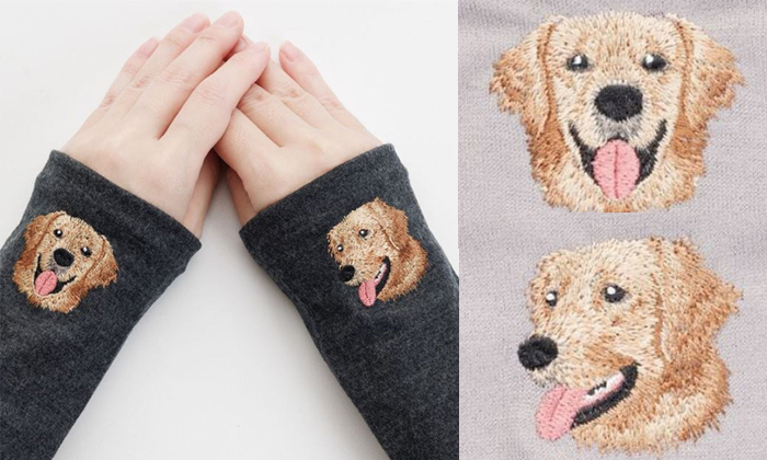 左側は女性が杢ブラック生地にゴールデンの刺繍がされているハンドマフラーを着けている写真。右側はサンドベージュにゴールデンの正面と斜め横を向いている刺?墸の写真