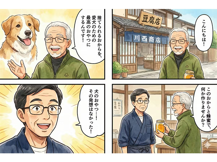 困っている店主のもとに養蜂家が訪れ、このおからとはちみつで何か作れないかと、捨てられてしまうおからを愛犬のために最高のおやつにしないかと提案