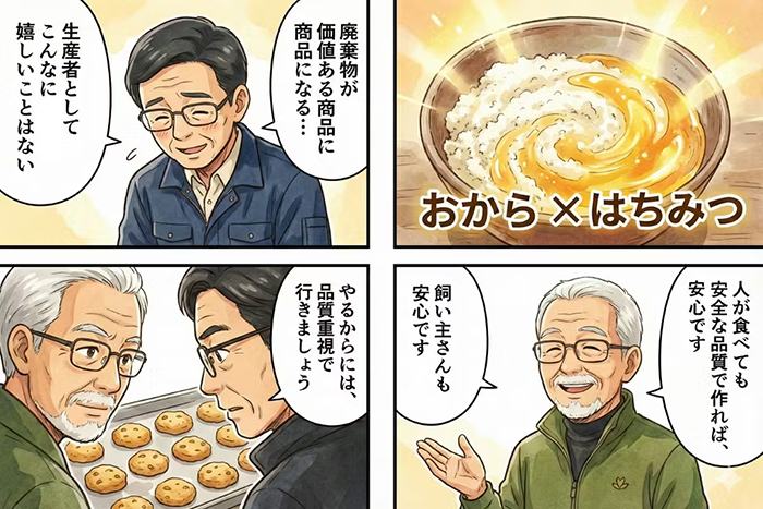 廃棄物が価値ある商品になるなんて生産者としてはこんな嬉しいことはない。人が食べても安全な品質であれば飼い主さんも安心です。やるからには品質重視で行きましょうと豆腐屋の店主