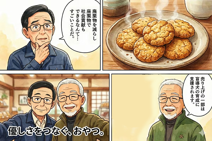 実はこの蜂蜜も売り上げの一部は盲導犬の育成に支援されているんですよ。と養蜂家。廃棄物を減らし社会貢献も出来るなんてすごいことだと、豆腐屋の店主
