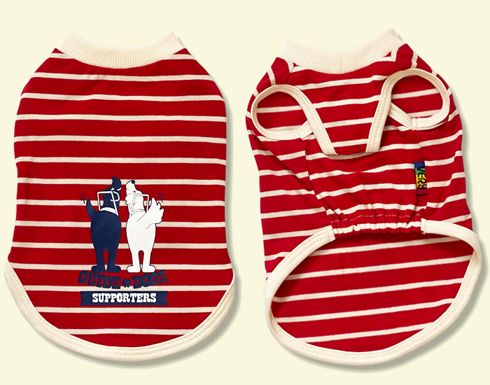 レッドはアイボリーを基調とし太めの赤と細めのアイボリーのストライプ。タグは虹色 