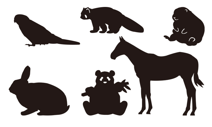 インコ、レッサーパンダ、プレーリードッグ、うさぎ、パンダ、うまのシルエットデザイン