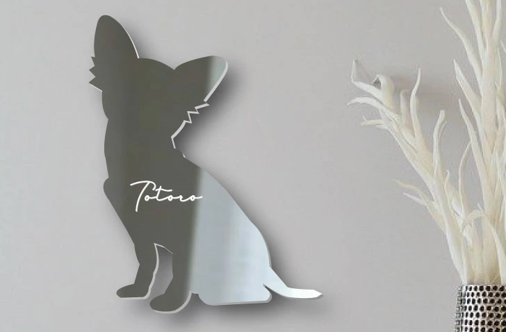 壁にチワワのシルエットのミラーを貼り付けた写真