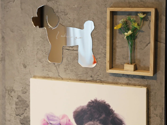 壁にトイプードルのシルエットのミラーを貼り付けた写真