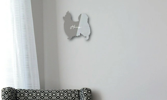 壁にポメラニアンのシルエットのミラーを貼り付けた写真