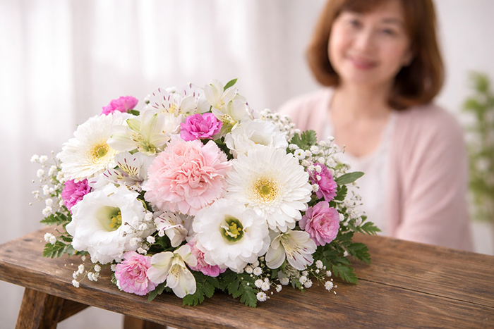 ピンクや白系のアレンジメントの花の写真