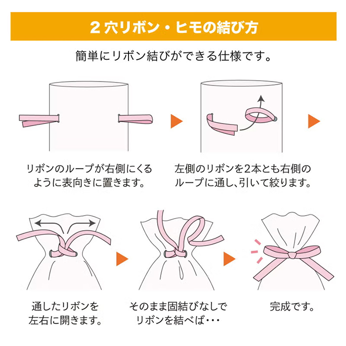 1リボンのループが右側に来るように表向きに置きます。２左側のリボンを２本とも右側のループに通し、引いて絞ります。３通したリボンを左右に開きそのまま方結びなしでリボンを結べば完成！